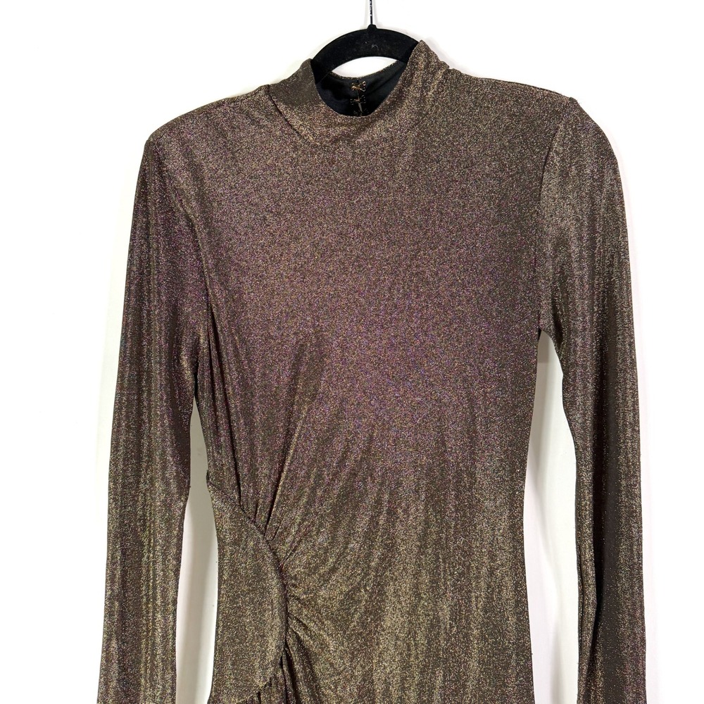 Ramy Brook Amarilys Dress Metallic Gold Shimmer Mock Neck Ruched Midi Sz L - Picture 9 of 15